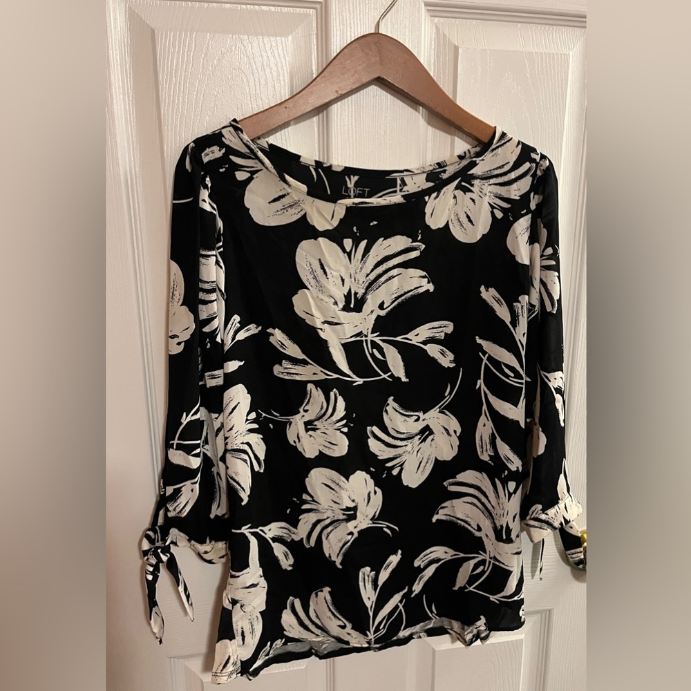 LOFT Black and Cream Floral Blouse